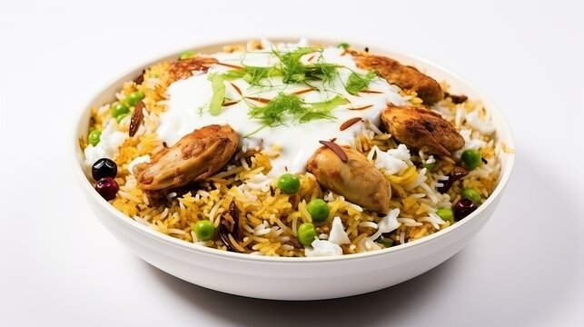 Isolated side view of chicken biryani with yogurt on white background, traditional spicy indian food. Pakistani fried rice. Ramadan dinner or iftar meal
