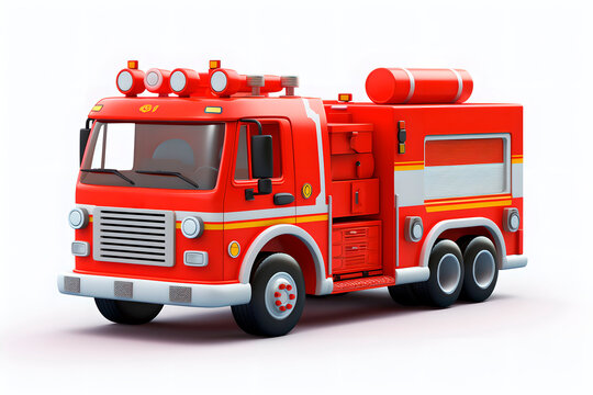 3D illustration of a red fire truck isolated on white background. Fire department, emergency response, rescue operations concept. Red fire engine. Design for banner, poster