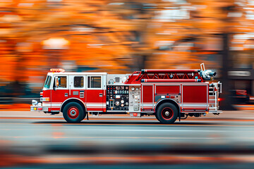 Fototapeta na wymiar Fire truck speeding to emergency, motion blur background. Fire department, emergency response, rescue operations concept. Modern fire engine. Design for banner, poster