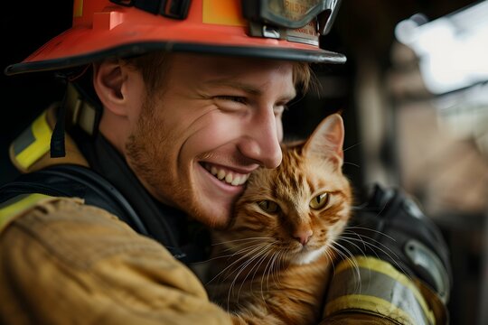 Happy firefighter holding rescued cat. Fire department, emergency response, rescue operations concept. Heroism and bravery. Pet care. Design for banner, poster