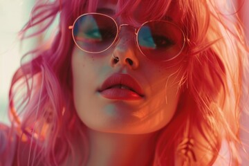 Obraz premium Stylish woman with pink hair and glasses, suitable for fashion or lifestyle concepts
