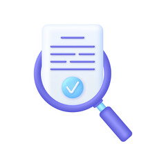 3D Evaluate result icon. File and magnifying glass. Concept of analyze project. Magnifier evaluation checklist icon