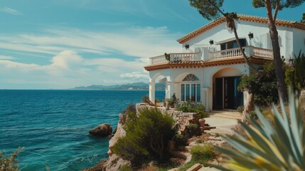 Fototapeta premium A picturesque house perched on a cliff with stunning ocean views. Ideal for real estate or travel concepts