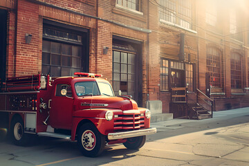 Vintage red fire truck parked in front of brick building. Fire department, emergency response, rescue operations concept. Retro fire engine. Design for banner, poster.  - obrazy, fototapety, plakaty