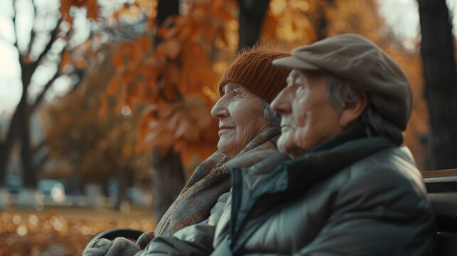An image of two older people enjoying a peaceful moment on a bench in the park. Ideal for illustrating retirement, relaxation, or companionship