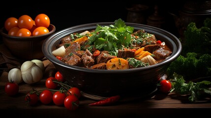 Beef rendang dish with a mixture of several additional vegetables that is appetizing is served in a typical Indonesian bowl