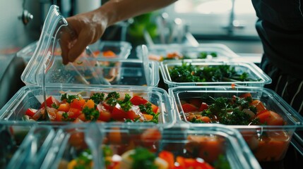 Close up of a person packing food in plastic containers. Suitable for food storage or meal prep concept
