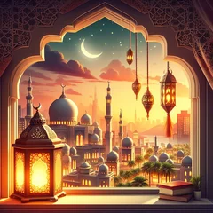 Rolgordijnen Sunset skyline: Arabic cityscape with mosques, temples, and palm trees, ideal for Ramadan messages. © Rashid
