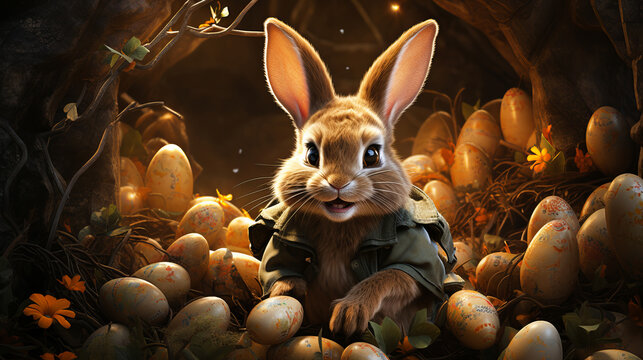 A cartoon illustration of a mischievous Easter Bunny hiding eggs.