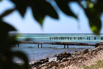 Abandoned docks with blue sky, blue water and tree leaves in Aruba.