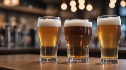Draft Beer Glasses On Bar, Blurred Background.