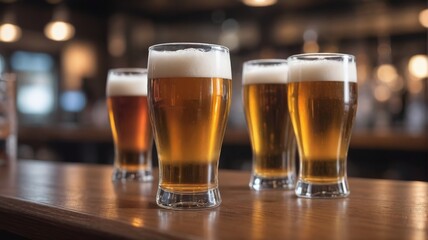 Draft Beer Glasses On Bar, Blurred Background.