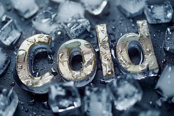 "COLD" word in metal with dew and ice cubes on black.

