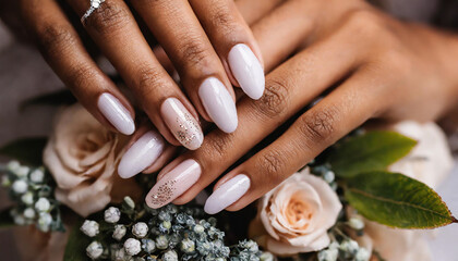 Obraz na płótnie Canvas Beautiful female hands with manicure close-up, modern stylish wedding nail design, hands of the bride