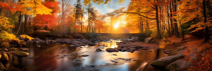 Vibrant Autumn Splendor: Tranquil River Amidst Fiery Fall Foliage and Golden Sunlight