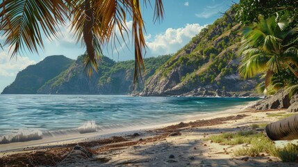 A serene beach with a palm tree overlooking the calm waters. Ideal for travel brochures or relaxation concepts