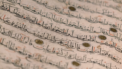 Ancient open book manuscript (verses of Koran Book, Holy Islamic Text). XIV-th century arabic book pages. Selected focus, shallow depth. Copy space, grunge background. Istanbul, Turkey