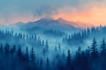 Foggy mountain landscape at sunset in Carpathian mountains - obrazy, fototapety, plakaty