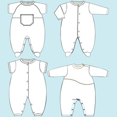 collection of baby boy, girl and unisex clothing, some with colors and textures in a pattern with block cuts, suggestive graphics for patch or print, flat or technical lines for fashion design.