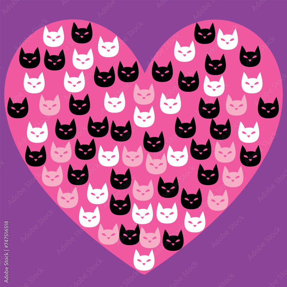 Poster heart design in pink tone with cats in black and white, design in tones to make it more tender, time