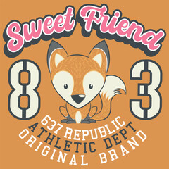 Cute fox mascot design with pastel colors in a college or varsity style with patch numbers and a textured background, either for wrapping or for textile. 