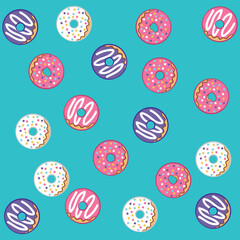 Donut pattern design of different flavors and colors, with caramel and chocolate chips, turquoise background and glazed fillings. timeless fashion design.