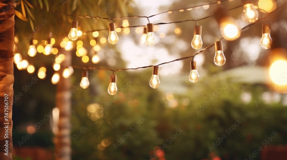 Poster a string of light bulbs hanging from a tree, ideal for festive decorations