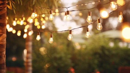 A string of light bulbs hanging from a tree, ideal for festive decorations - obrazy, fototapety, plakaty