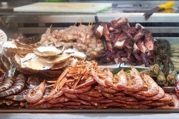 Seafood on a market counter