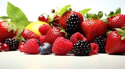 Fresh berries and raspberries arranged on a table, perfect for food and health-related designs