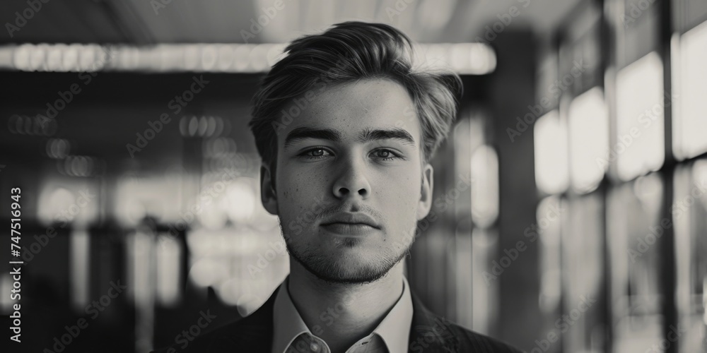 Poster classic black and white photo of a man in a suit. suitable for business and formal concepts