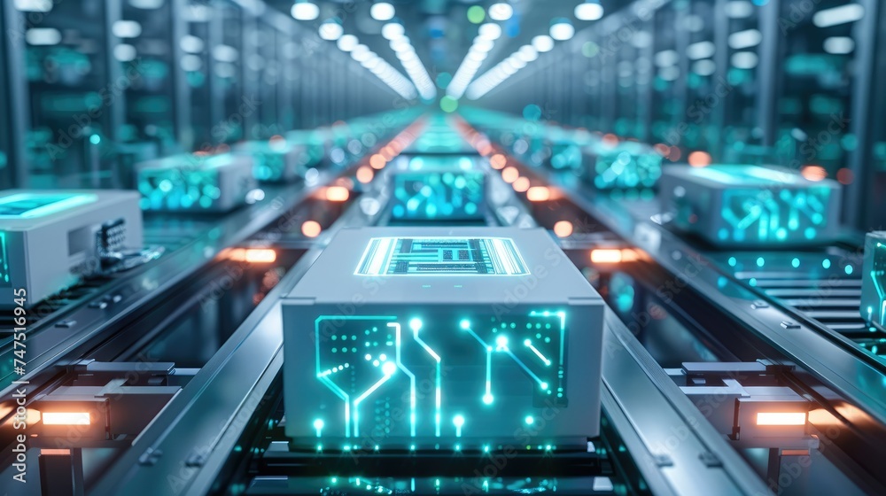 Fototapete white boxes with a blue-green graphic design in the form of a schematic printed circuit board on a c