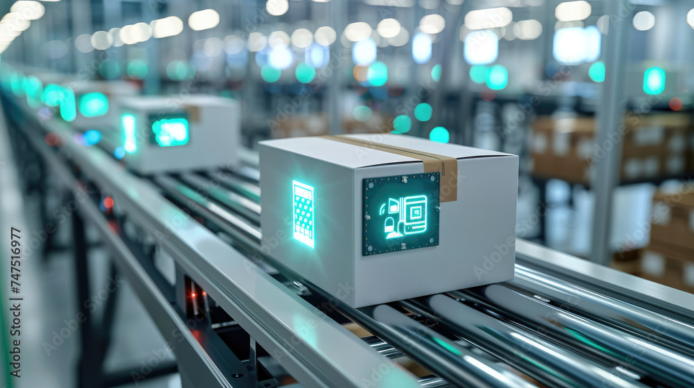 Fototapete white boxes with a blue-green graphic design in the form of a schematic printed circuit board on a c