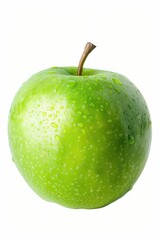 A vibrant green apple with glistening water droplets. Suitable for healthy eating concepts