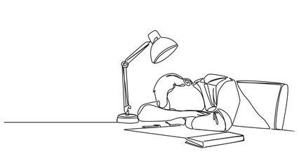 animated continuous single line drawing of overworked man sleeping at office desk, line art animation