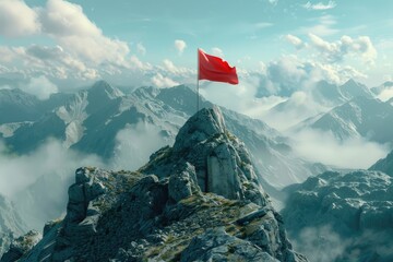 A red flag waving on the peak of a mountain. Ideal for outdoor adventure concepts - obrazy, fototapety, plakaty