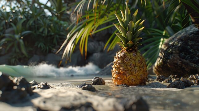 A pineapple sitting on a beach next to a body of water. Ideal for tropical vacation concepts