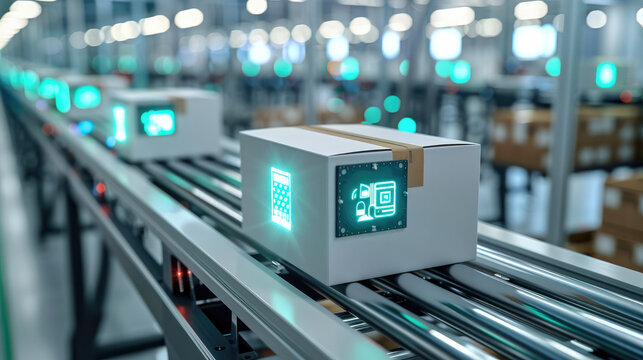 White boxes with a blue-green graphic design in the form of a schematic printed circuit board on a conveyor belt. High-tech style. Generative AI.