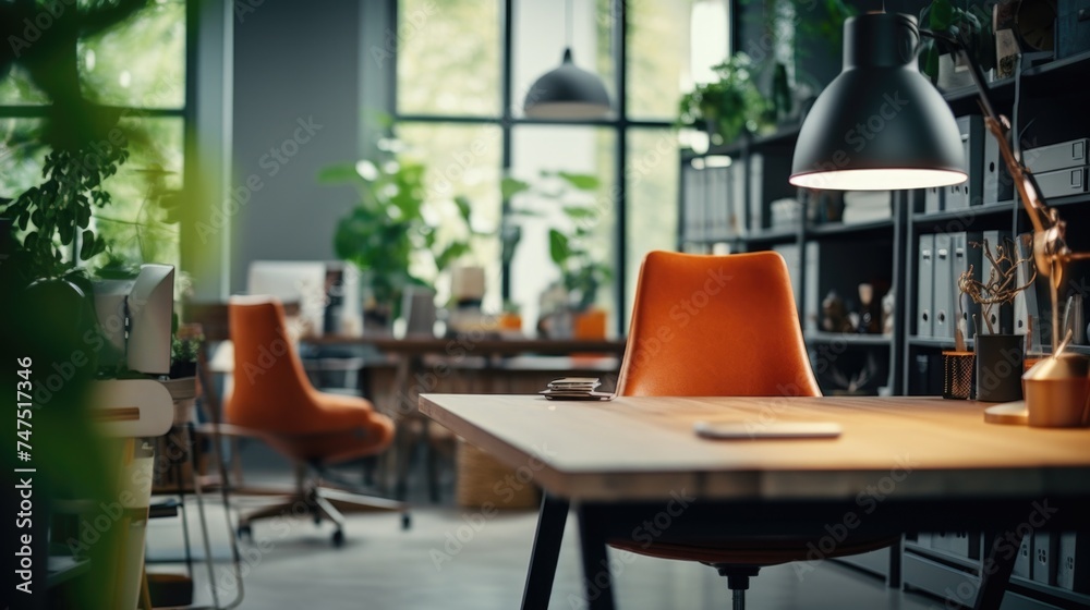 Poster a simple office setup with a desk, chairs, and a lamp. suitable for business and office-related proj