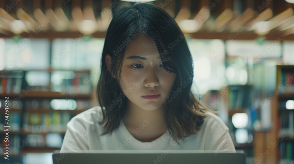 Poster a woman sitting in front of a laptop computer. suitable for technology and work from home concepts