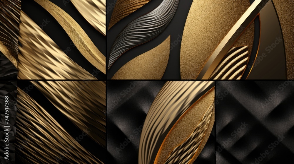 Poster A collection of four different images featuring gold and black colors. Perfect for adding a touch of elegance and sophistication to your projects