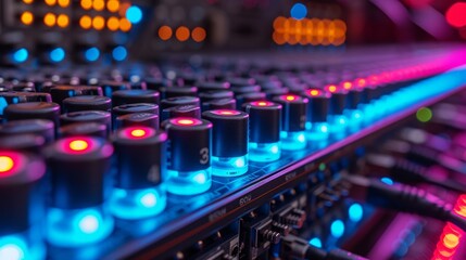 Audio Mixing Console with Illuminated Knobs and Faders - obrazy, fototapety, plakaty