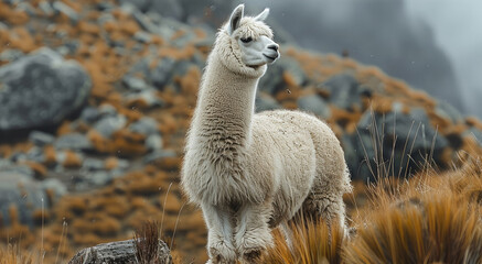 Fototapeta premium Alpaca on mountain. Generative AI.