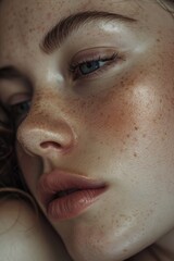 Close-up of a woman with freckles, suitable for beauty and skincare concepts