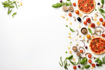 Two appetizing pizzas with various toppings on a white table. Suitable for food and restaurant concepts - Powered by Adobe