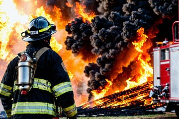 Firefighter extinguishing a fire. Firefighters fighting a fire.