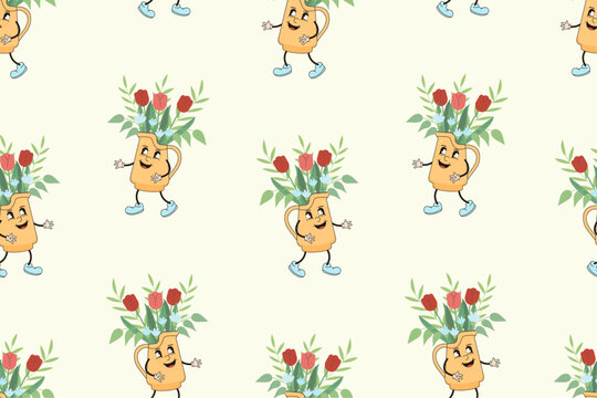 Vector seamless pattern with illustration of a bouquet in a flowerpot. Cartoon character in retro style with flowers.