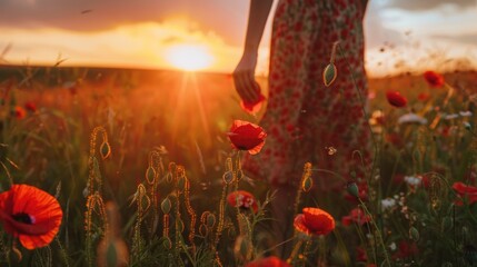 A woman standing in a field of red flowers. Perfect for nature and beauty concepts