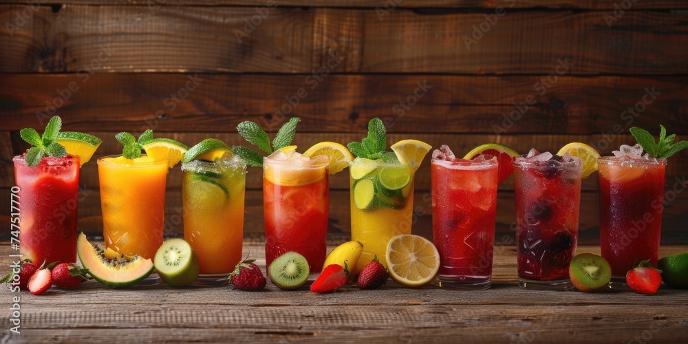 Poster A row of glasses filled with different types of drinks. Suitable for bar and restaurant concepts