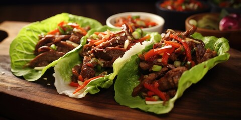 Three lettuce wraps filled with meat and vegetables, perfect for healthy eating concept - obrazy, fototapety, plakaty